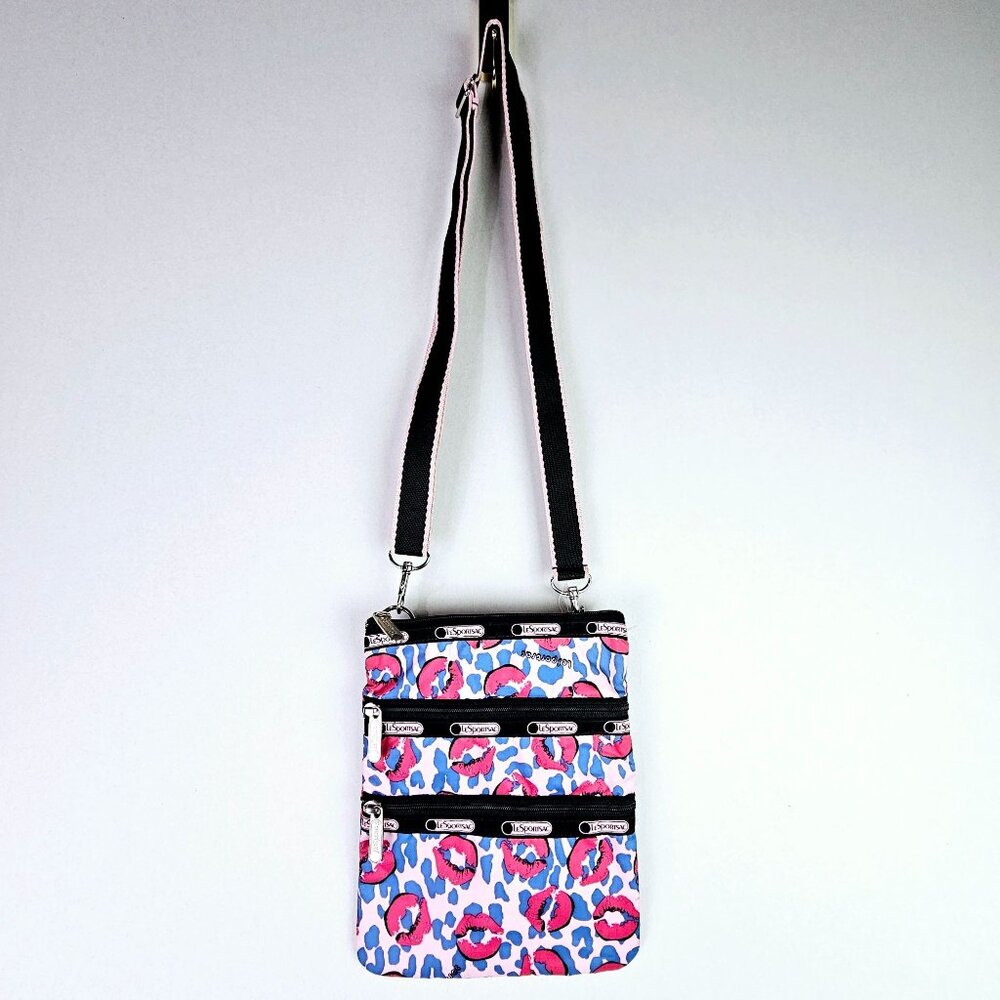 LeSportSac Pink Lip Smacker & Blue Cheetah 3 Tier Zippered Crossbody Handbag - Picture 2 of 9